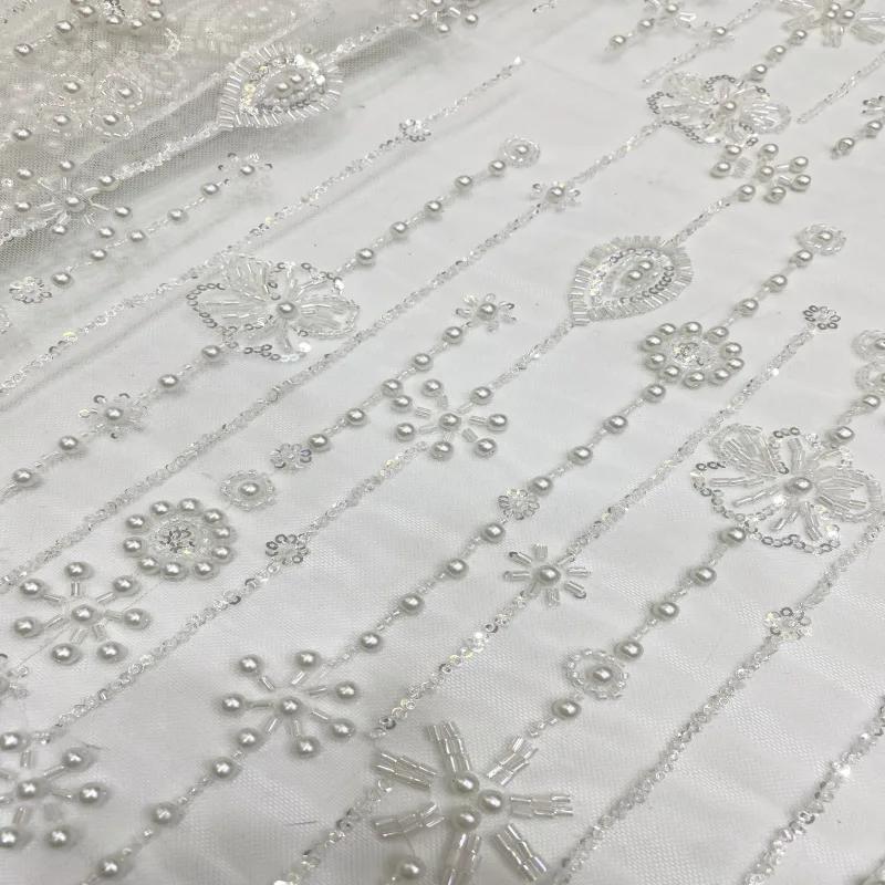 1 Yards White French Tulle Lace Fabric Stripe Floral design High Quality Nigerian Beaded Embroidered Lace Sequin For Party Dress