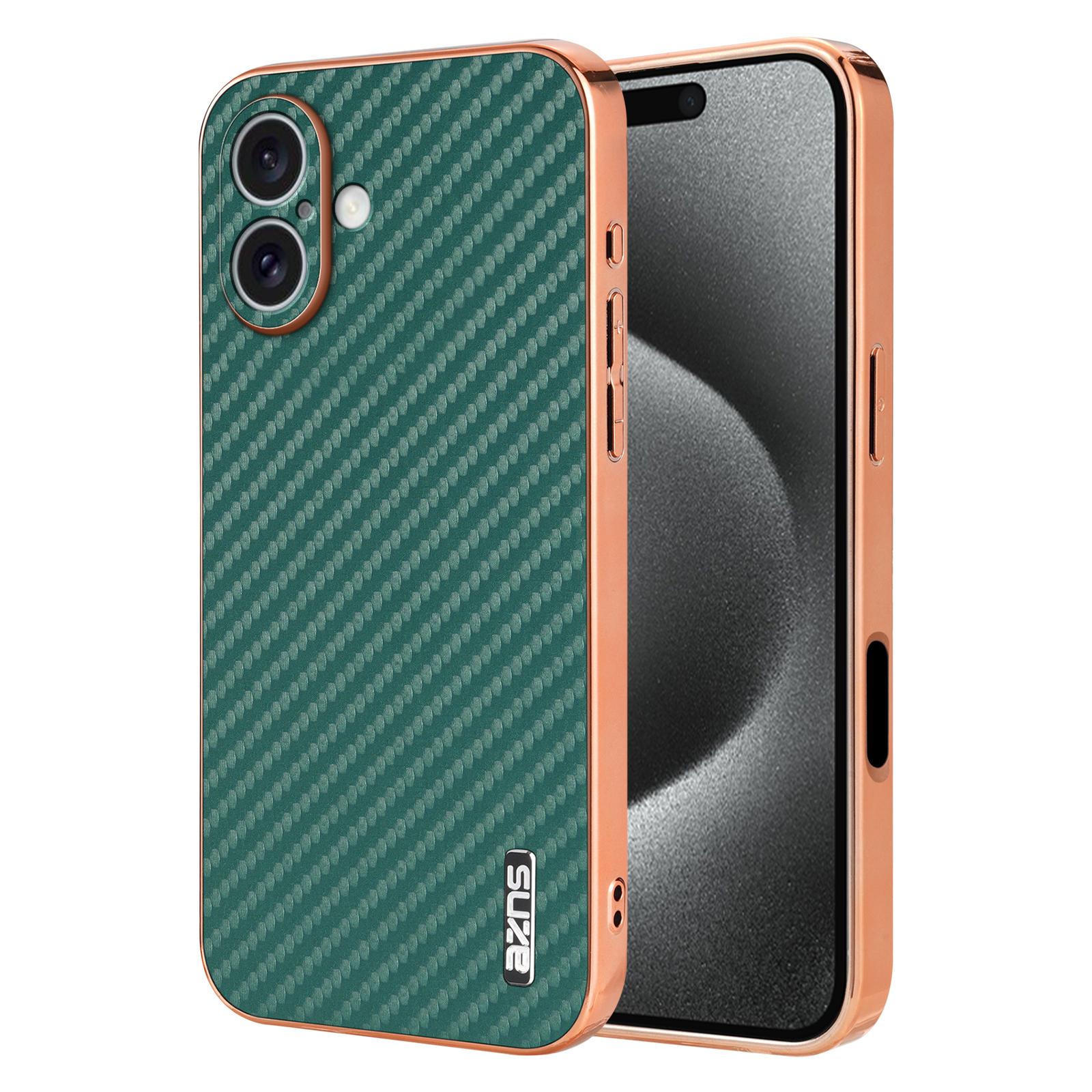 

AZNS For iPhone 16 Plus Case Electroplating Carbon Fiber Texture PU+TPU Phone Cover Green