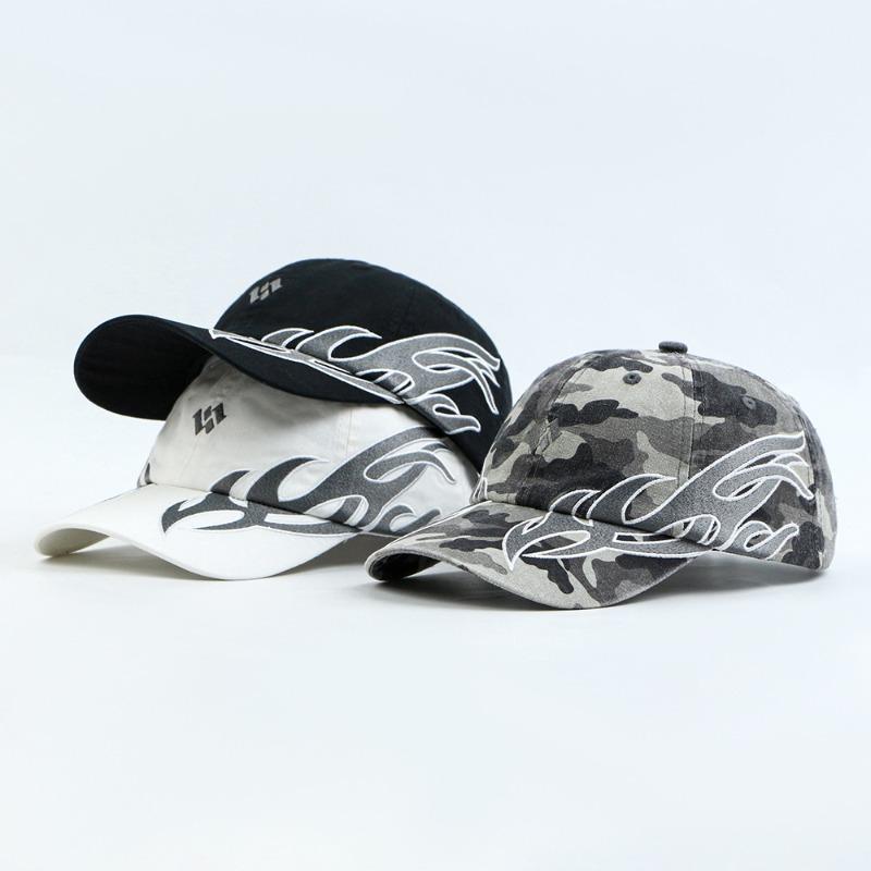 Flame Embroidery Street Hip Hop Baseball Hat Curved Brim Soft Top Trendy Cap