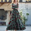 Elegantes V Neck Belted Long Sleeve Fashion Printed Retro Elegant Dress Women Summer Evening A-Line Long Dress