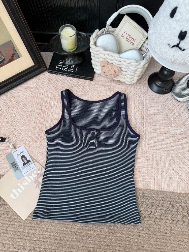Korean Style Women's Square Neck Vest with Built-in Bra, Retro Stripe Camisole, Slim Fit Spicy Girl Top