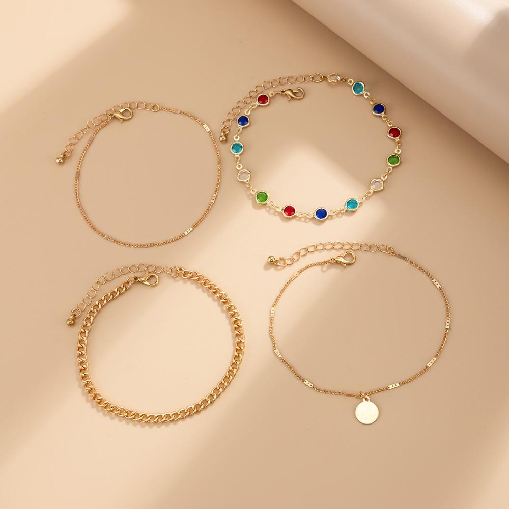Boho Multi Layer Colorful Oval Crystal Curb Chain Thin Disc Charm Adjustable Ankle for Women Summer Beach Stackable Jewelry Gift