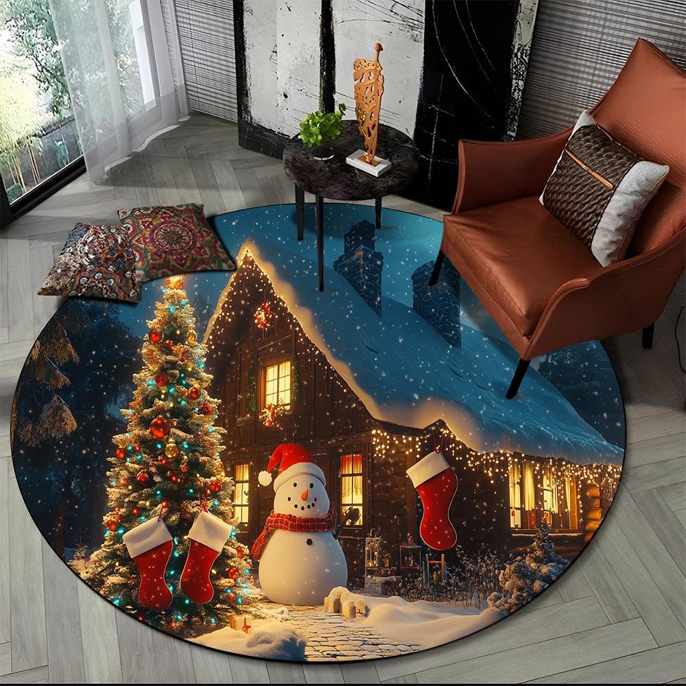 Cartoon Weihnachtsmann Frohe Weihnachten Schneemann Neujahr Runder Teppich für Schlafzimmer Wohnzimmer Sofadekoration, Dekor Bodenteppich