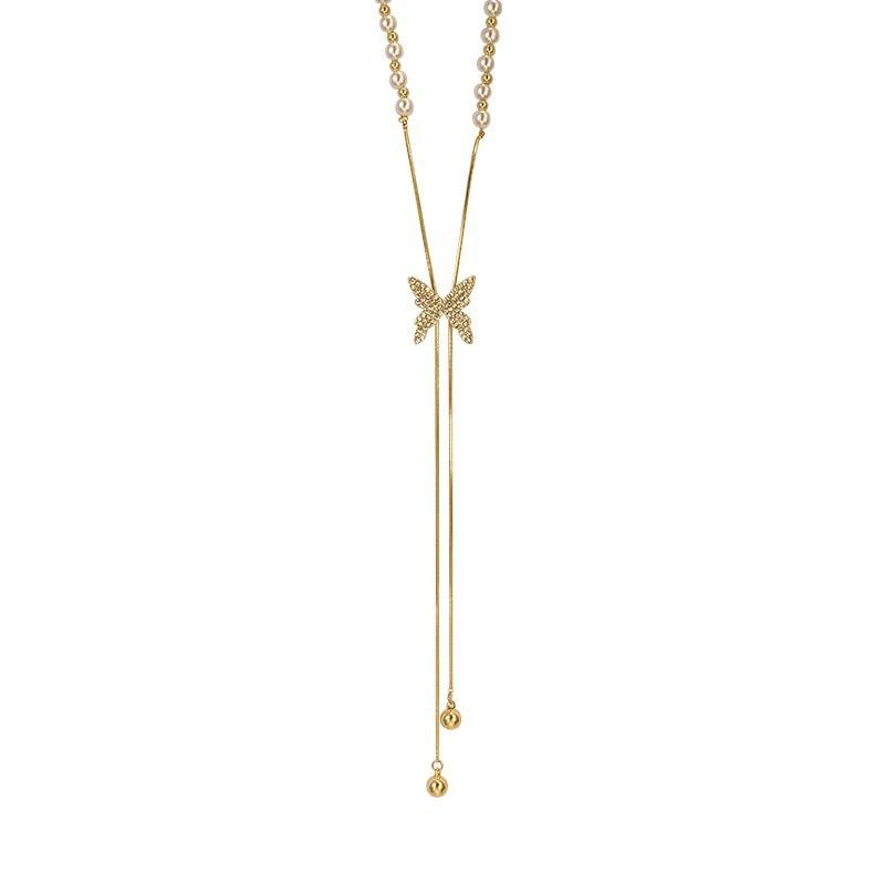 Sweet Premium Pearl Splicing Butterfly Tassel Pearl Necklace Female Pulling Adjustable Fashion Summer Collarbone Chain