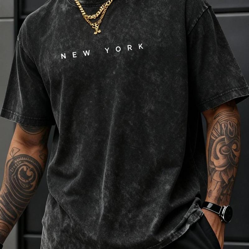 Men' Vintage Printed Pure Cotton Loose Fit Short-Sleeve Crew Neck T-Shirt - Washed Distressed T-Shirt Suitable for Casual Outdoor Wear, Year-Round