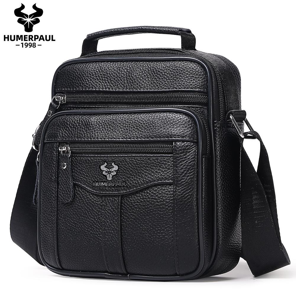 

HUMERPAUL Men leather waist bag first layer cowhide multifunctional chest bag retro messenger bag shoulder bag чёрный