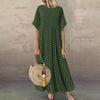 Women Casual Summer Beach Sundress Maxi Long Dress Short Sleeve Crew Neck Dot Print Pleated Swing
