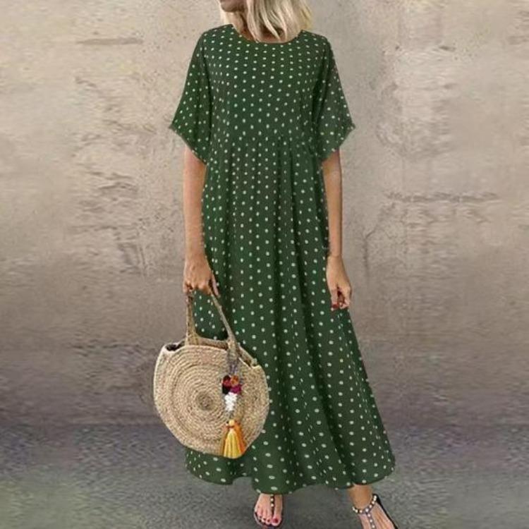 Women Casual Summer Beach Sundress Maxi Long Dress Short Sleeve Crew Neck Dot Print Pleated Swing
