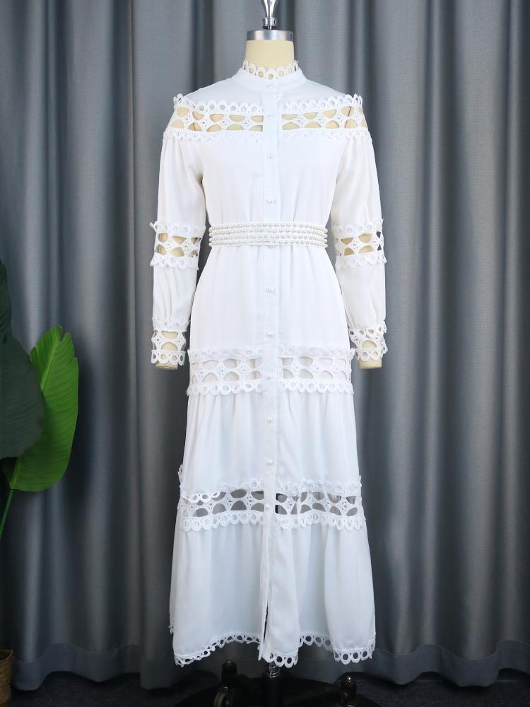 Plus Size Chic Women A Line Midi Dress Hollow Out Lace Splice Mock Neck Long Sleeve with Belt Casual Party Club Outfits