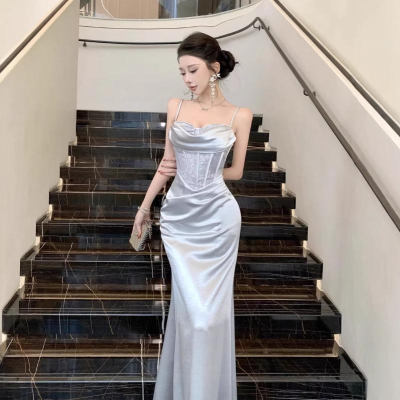 Abito Sospensorio con Cuciture in Pizzo Abito Estivo Nuovo Temperamento Francese Abito di Raso Abbigliamento Donna
