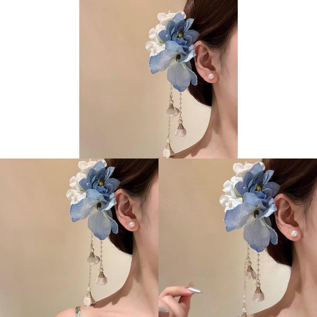 Traditional Chinese Style Hair Clip With Blue Floral Tassels For Womens Elegant Hair Accessories