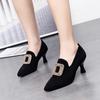 Pointed High Heels Spring New Square Buckle Metal Buckle Temperament Women's Shoes Black Sheepskin Thin Heel Deep Mouth Single Shoes
