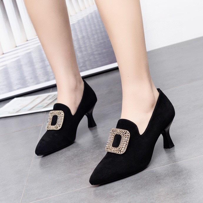 Pointed High Heels Spring New Square Buckle Metal Buckle Temperament Women's Shoes Black Sheepskin Thin Heel Deep Mouth Single Shoes