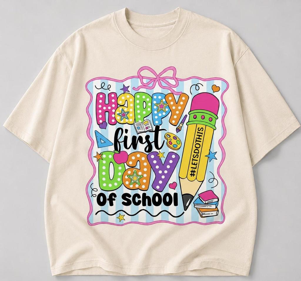 Happy First Day of School Shirt, Teacher Back To School Tee, Cute Pencil Graphic T-Shirt, Classroom Outfit, Student Teacher Gift