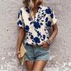 Women Floral Print V Neck Short Sleeve Blouse Casual Notch Collar Rolled Cuff Shirt