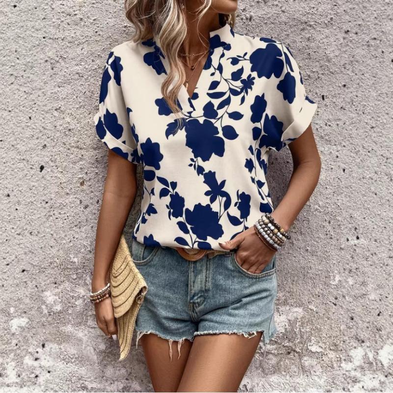 Women Floral Print V Neck Short Sleeve Blouse Casual Notch Collar Rolled Cuff Shirt