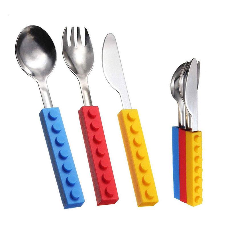 3 Stück Kreatives Baustein Silikon Edelstahl Kinder Gabel Löffel Messer Ziegelsteinförmiges Besteckset Lustiges Kleinkind Geschirr