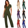 Combinaison Élégante d'Été 2025 pour Femmes - Col en V, Ceinture à Nouer, Couleur Unie, Manches Courtes, Pantalon Long Large