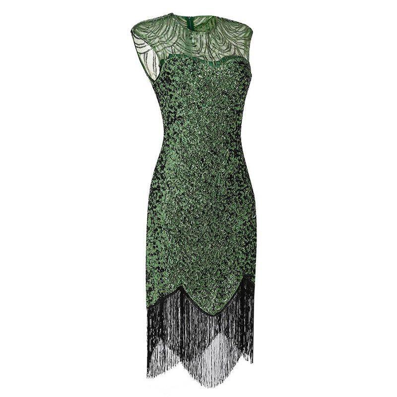 Amazon Popular Banquet Evening Dress 1920 Retro Sequined Tassel Dress Plus Size Solid Stage Performance Wear