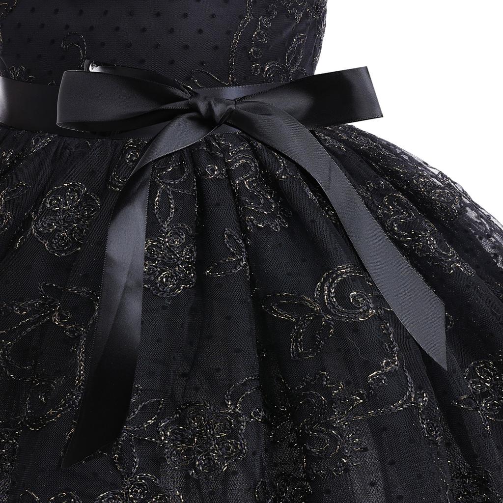 Little Girls Black Hollow Lace Mesh Sleeveless Princess Party Dress