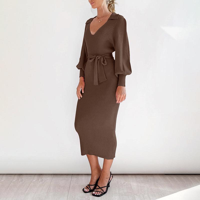 2026 New Autumn and Winter Elegant Retro Light Mature Style Lantern Sleeves V-neck Solid Color Knitted Sweater Skirt