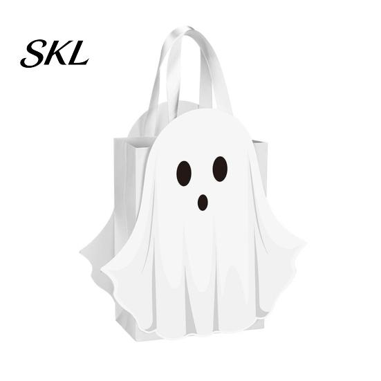 Ribbon Handle Bag Halloween Ghost Gift Bag, White Candy Pouch with Cute Face, Trick or Treat Favor for Party, Kids Goodie Prizes Holder