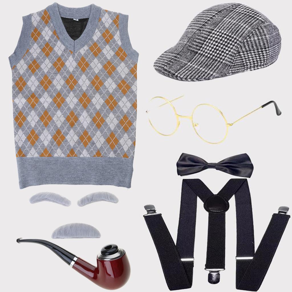 Grandfather Set Halloween Old Man Costume Set Grandpa Hat  Glasses Eyebrows Moustache for 100th Day of School