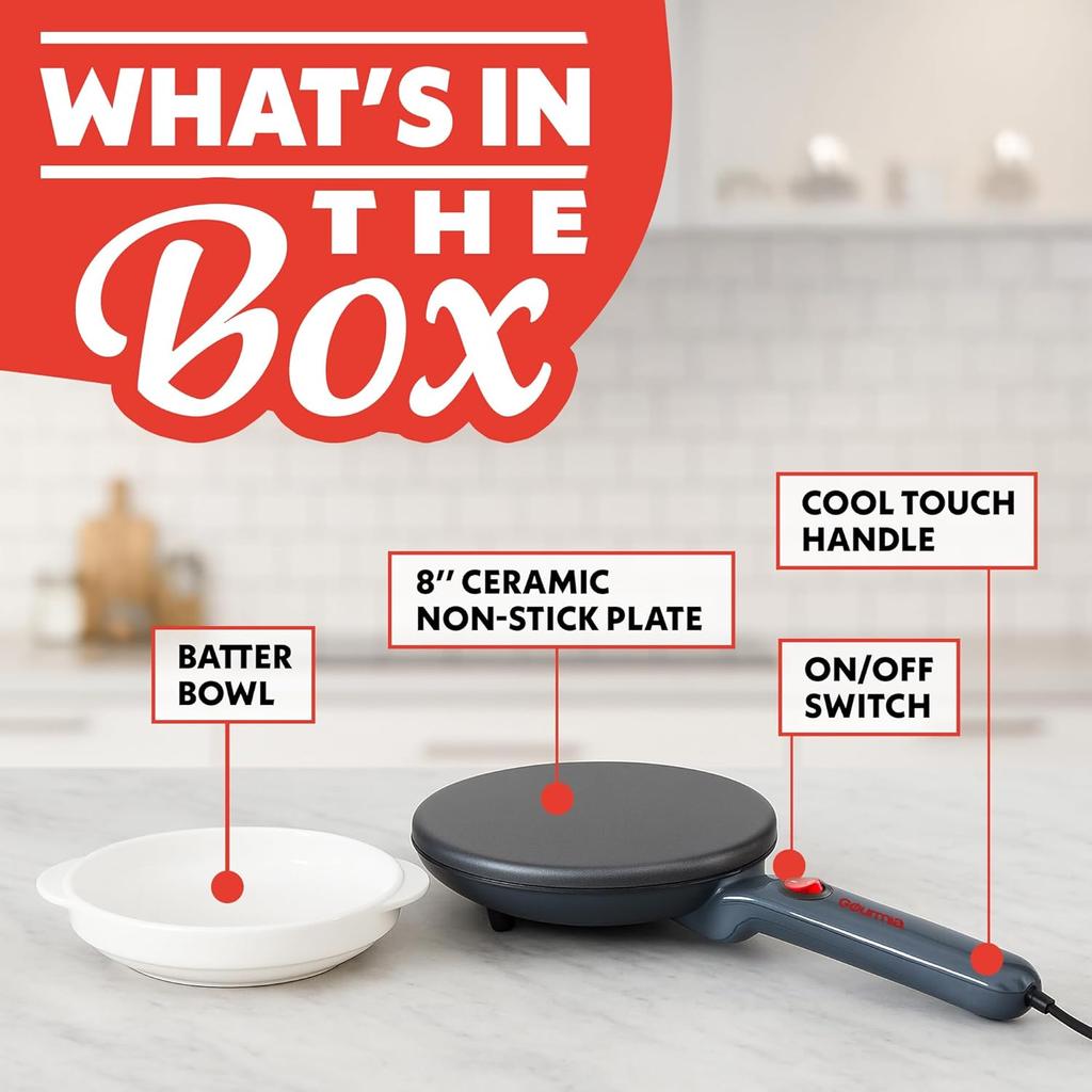Electric Crepe Maker – Nonstick Ceramic Surface, One-Touch Operation, Includes Batter Tray, Compact & Easy to Clean,