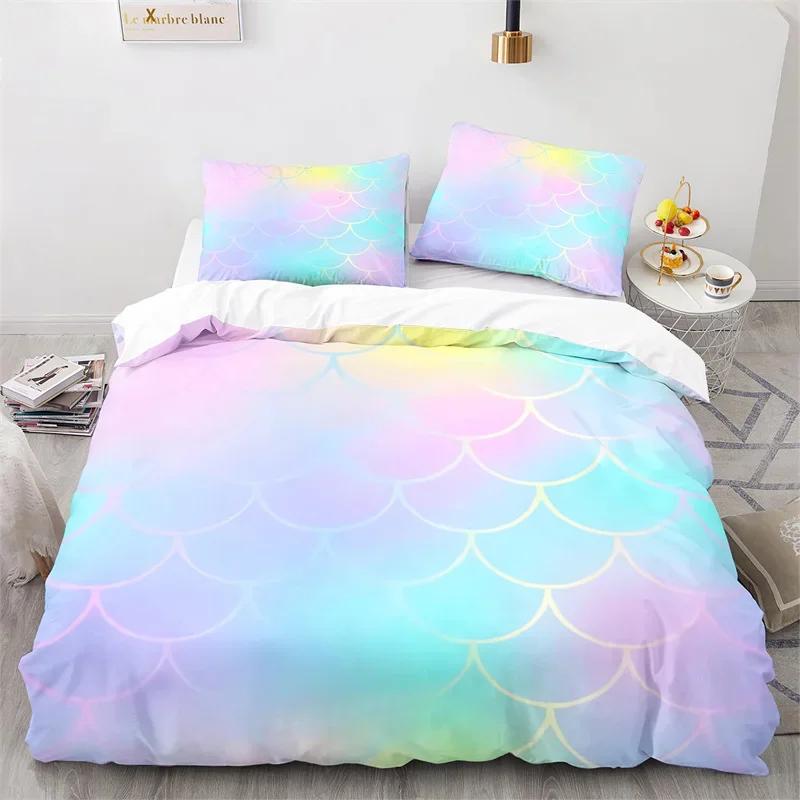 Colorful Fish Scales Bedding Set Twin King For Kids Girl Blue Pink Mermaid Skin Surface Print Duvet Cover Polyester Quilt Cover