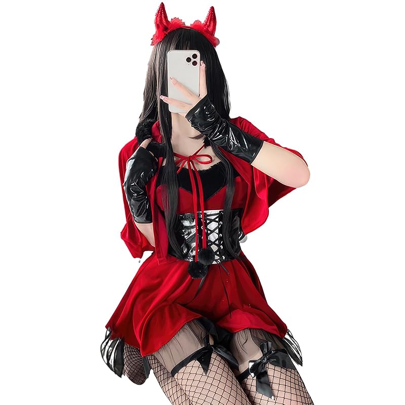 

[TUAHOUS] santa Christmas cosplay ladies one piece long stole attached Older sister style little devil devil s horns cute disguise gloves headband