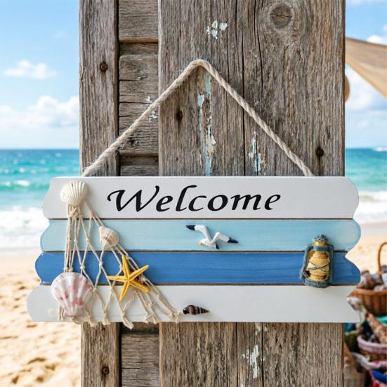 Beach Welcome Sign for Front Door Summer Ocean Wood Plaque Rustic Door Hanger with Starfish Shells for Farmhouse Outdoor Porch Decor