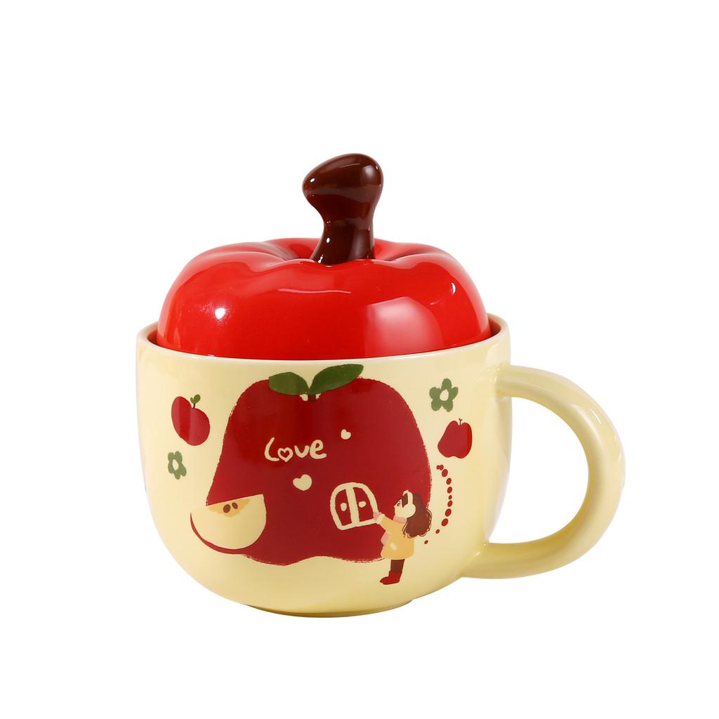 High Looking Cute Apple Ceramic Cup for Girls Souvenir Coffee Cup Water Cup Personalized Creative Mug with Lid