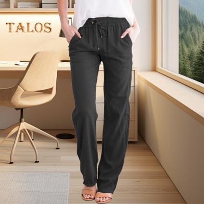 Women Casual Pants Elastic Drawstring Waist Long Pants with Pockets Solid Color Loose Fit Wide Leg Trousers