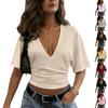 Women's Fashion Deep V Neck Short Sleeve Ruched Waist Crop Top Casual Loose Fit Tee Shirt for Everyday Wear