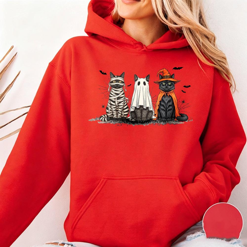 Halloween Costume Cat Women Hoodie Unisex Trendy Outerwear Mummy Ghost Witch Feline Bat Web Accents Casual Fashion Autumn Pullovers