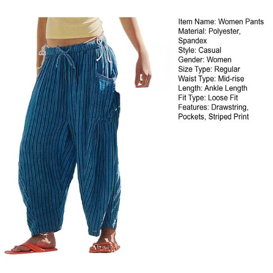 Women Pants Elastic Waist Striped Design Wide Leg Casual Trousers with Pockets Work Travel School All Day Wear