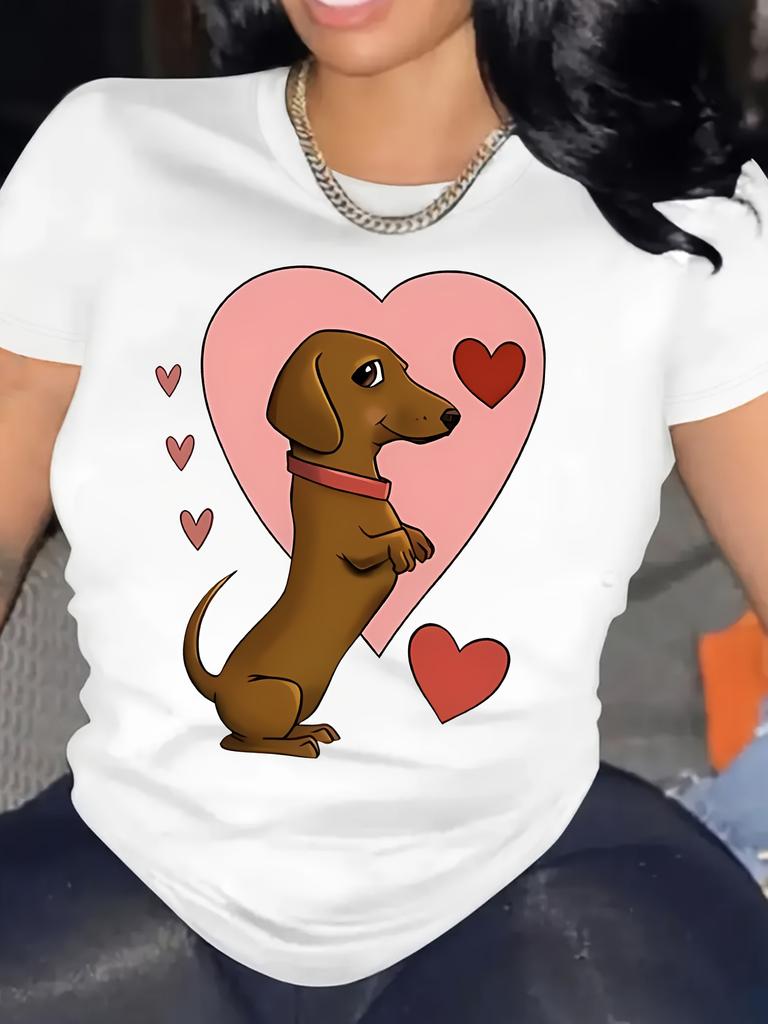 European Size Women's Cute Puppy Dog Print T-Shirt - Short Sleeve Round Neck Casual Blouse with Adorable Heart & Paw Print Dog  Pet Lover Top