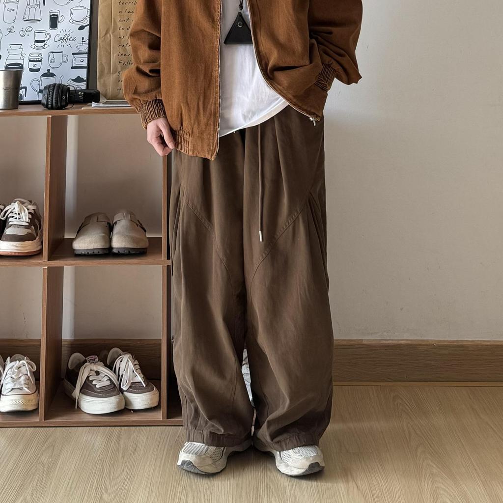 Unisex Japanese Style Coffee Pleated Wide-Leg Workwear Pants