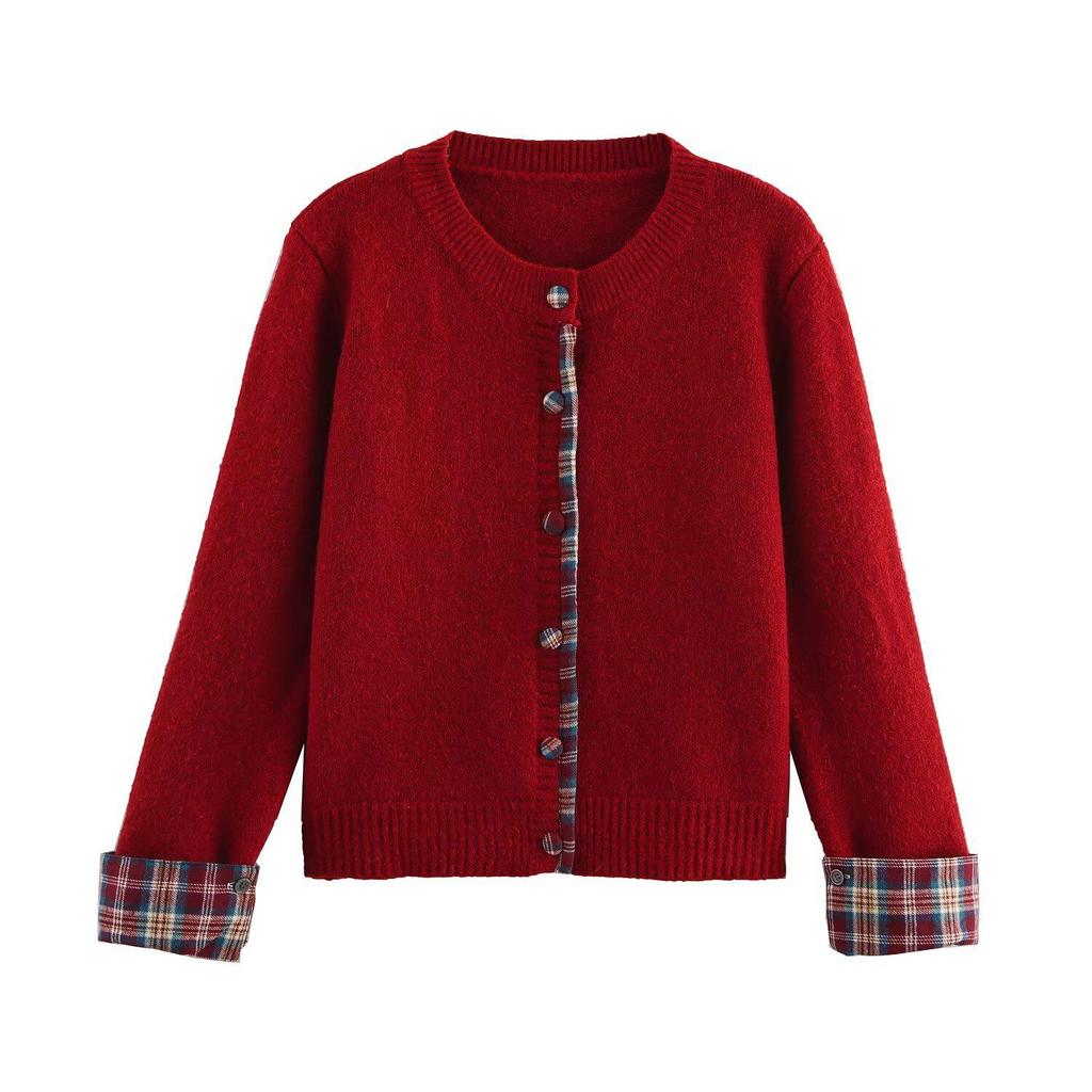 2024 Winter Women's European & American Plaid Patchwork Round Neck Knit Cardigan Sweater.