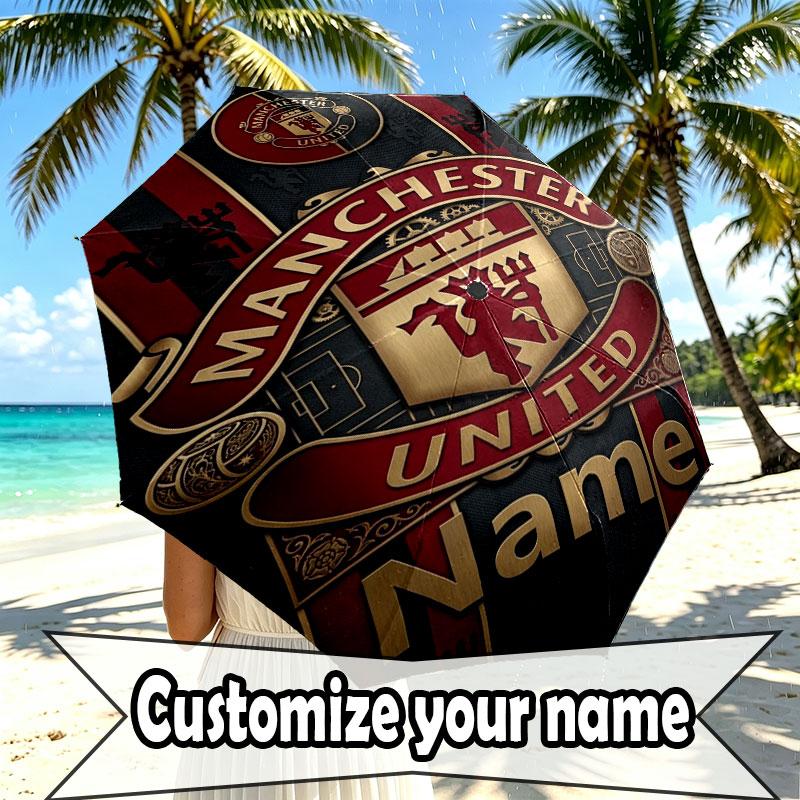 Custom Name Personalized Manchester United Print Umbrella, Auto Open Close, 8‑Rib Sturdy Frame, Commute Camping Hiking Use, Birthday Gift