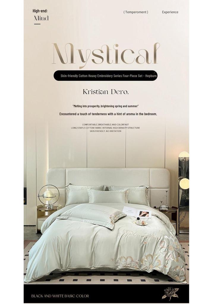 Hepburn Series: Luxurious Floral Embroidery Cotton Bed Sheet Set - Skin-Friendly, Fitted Style, Four-Piece