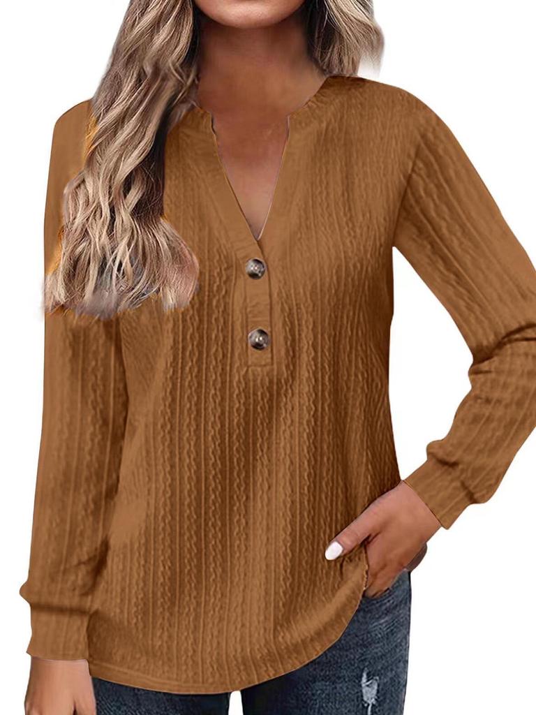 Elegant V-Neck Long Sleeve Plus Size T-Shirt for Autumn/Winter