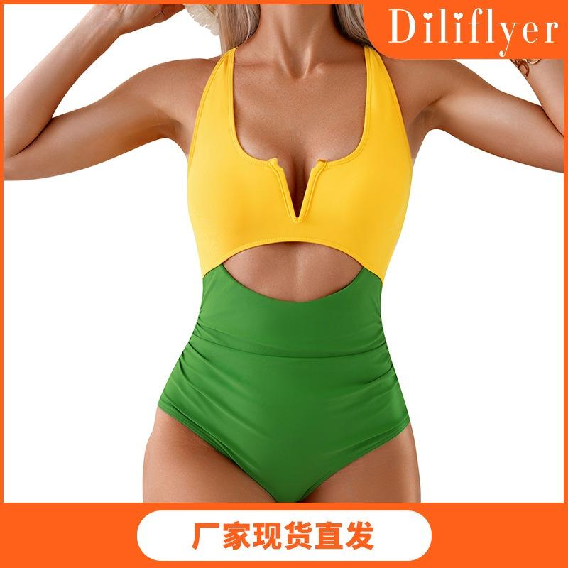 Women Color Block One Piece Swimsuit Quick Dry Slimming Tummy Coverage Bathing Suit