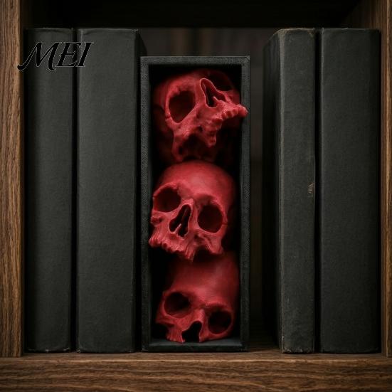 Dark Fantasy Home Ornaments 3Pcs Halloween 3 Tier Skull Bookends, Gothic Resin Bookshelf Decor for Office, Skeleton Statue Bookshelves Spooky