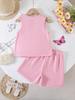 Girls' Two-Piece Outfit: Stylish & Cute Spring/Summer Set featuring a Pink Crew-Neck Tank Top with 3D Pleated Bow Accent, Paired with Loose-Fit Shorts