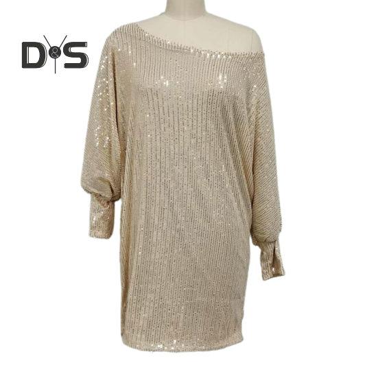 Women Evening Dress Shiny Sequin Slant Neck One Shoulder Three Quarter Sleeve Loose Above Knee Mini Dress Prom Party Dress