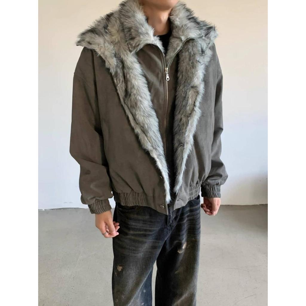 American Retro Mountain Eagle Cotton Jacket with Fur Collar - Unisex