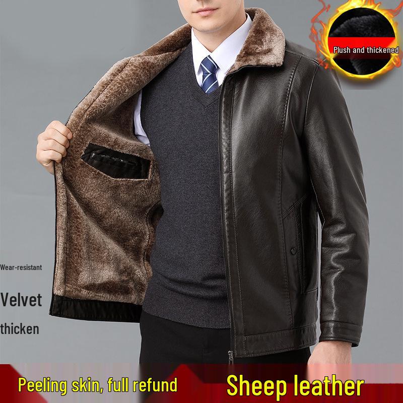 Men's Shearling Leather Jacket with Fleece Lining for Middle-Aged and Elderly Dads