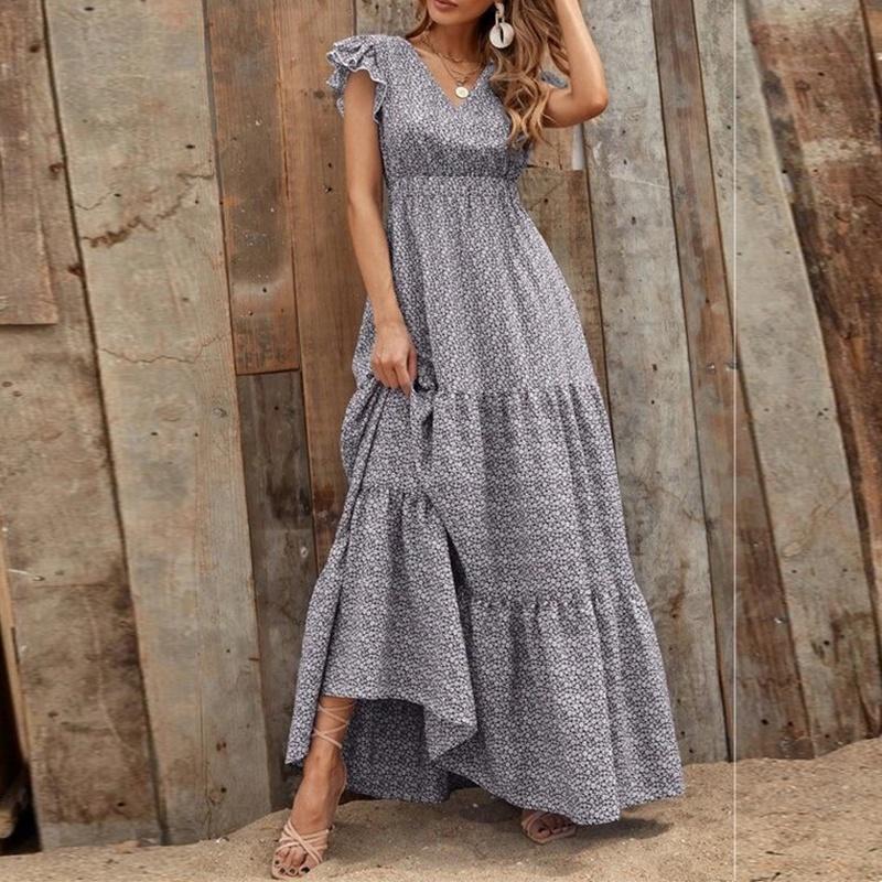 Women's Floral Maxi Dress Short Ruffle Sleeve Tiered High Waist Boho Vacation Dress