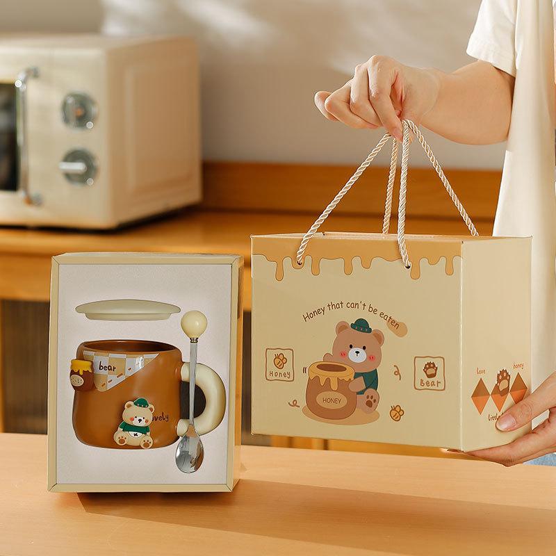 Nový hrnek s víčkem a lžičkou, roztomilý keramický hrnek pro pár, suvenýr, kreativní kancelářský hrnek na kávu a vodu